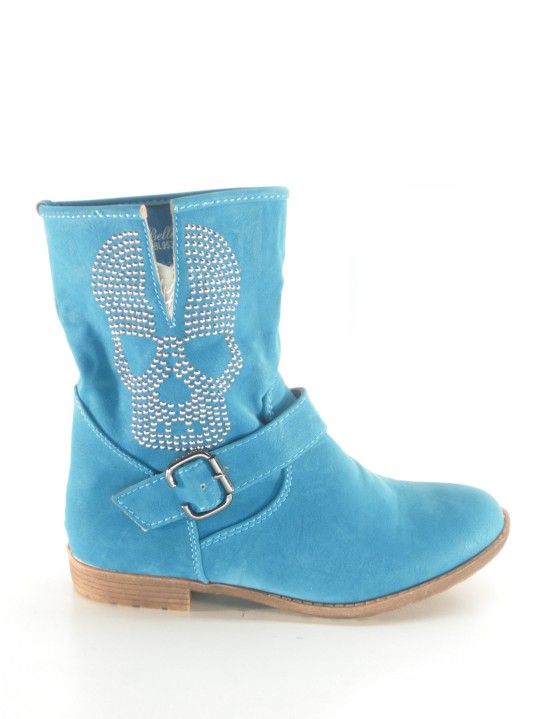 Biker Anfibi Donna Bassi in Pelle con Borchie Teschio Blu Biker Anfibi Donna Bassi in Pelle con Borchie Teschio Blu