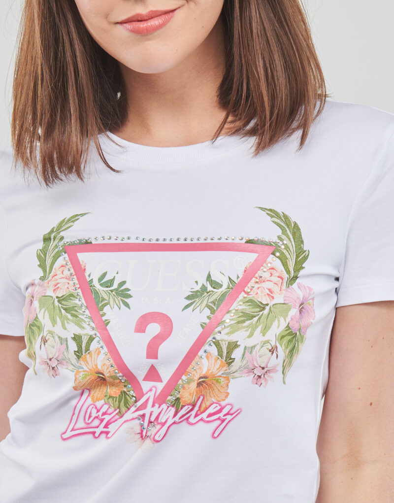 T-Shirt Guess SS CN TRIANGLE FLOWERS TEE Bianco T-shirt maniche corte Donna - 5