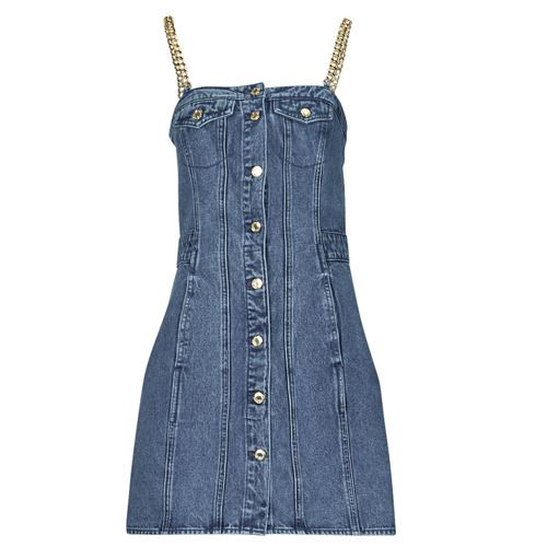 Abito corto donna MICHAEL Michael Kors CHAIN STRAP DENIM DRESS in blu, realizzato in denim di alta qualità. Design elegante con spalline a catena, perfetto per occasioni casual e serate estive. Aggiungi un tocco di stile al tuo guardaroba con questo abito versatile e moderno. Disponibile in diverse taglie per soddisfare ogni esigenza di moda.