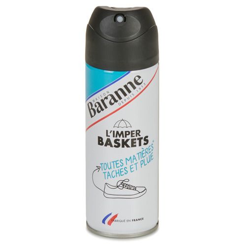 Immagine del Baranne Imperméabilisant Spécial Basket 200ML, un accessorio fondamentale per la cura delle scarpe da donna. Questo spray impermeabilizzante di alta qualità è progettato per proteggere le tue sneakers e scarpe sportive, mantenendole asciutte e protette dalle macchie. Ideale per chi cerca un prodotto efficace e duraturo, garantisce una finitura trasparente e invisibile. Perfetto per le amanti della moda e dello sport.