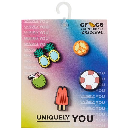 Accessori per scarpe Donna: Crocs JIBBITZ HAPPY SUMMER 5 PACK Multicolore, set di charm decorativi per personalizzare le tue scarpe Crocs con colori vivaci e motivi estivi. Ideali per aggiungere un tocco di allegria ai tuoi outfit estivi. Perfetti come regalo o per esprimere la tua personalità.