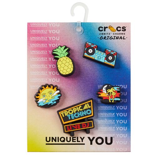 Accessori scarpe Crocs JIBBITZ TROPICAL TECHNO DJ 5 PACK Multicolore per Donna, set di charm divertenti e colorati per personalizzare le tue scarpe, perfetti per aggiungere un tocco di stile e unicità alle tue Crocs. Ideali per tutte le occasioni, questi accessori trasformeranno le tue calzature in un'espressione di creatività e moda.