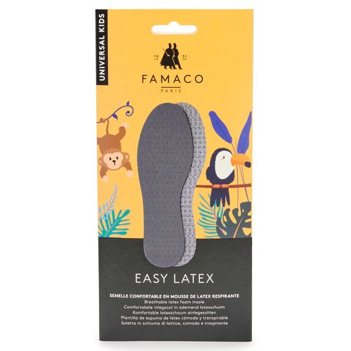 Semelle easy latex T31 Grigio di Famaco, accessori scarpe ragazzo, ideali per comfort e supporto. Queste solette in latex offrono un'ammortizzazione eccezionale, perfette per scarpe quotidiane e sportive. Acquista ora per migliorare l'esperienza di camminata dei tuoi ragazzi!