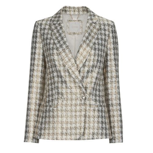Giacca Donna Guess EMELIE FOILED BLAZER Beige, elegante e alla moda, ideale per outfit sofisticati. Realizzata in tessuto leggero con rifiniture brillanti, perfetta per ogni occasione. Acquista ora per aggiungere un tocco di classe al tuo guardaroba!