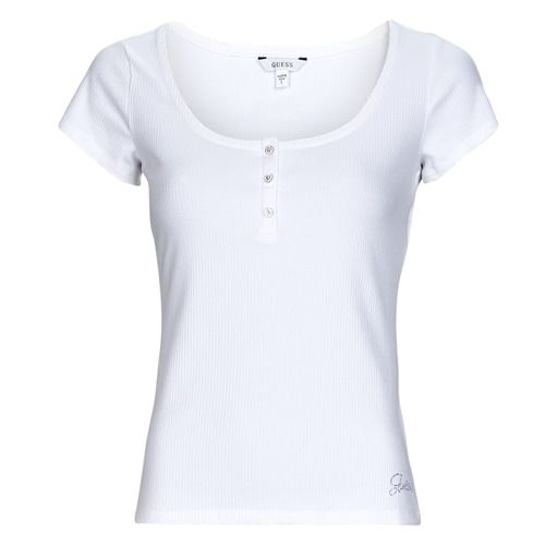 T-shirt bianca Guess ES SS KARLEE JEWEL BTN HENLEY maniche corte donna, ideale per un look casual e alla moda. Design elegante con bottoni e dettagli gioiello, perfetta per ogni occasione. Scopri il tuo nuovo must-have per la primavera estate!