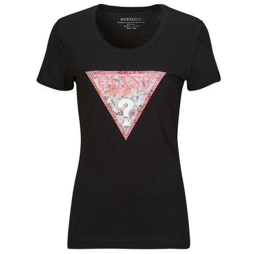 T-shirt Guess RN SATIN TRIANGLE Nero Donna, maniche corte elegante, ideale per look casual e alla moda. Realizzata in tessuto satinato di alta qualità, questa t-shirt presenta un design contemporaneo che la rende perfetta per ogni occasione. Aggiungi un tocco di stile al tuo guardaroba con questa versatile t-shirt.