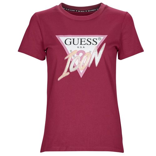 T-Shirt Guess SS CN ICON TEE Bordeaux per donna, maniche corte, elegante e alla moda. Ideale per outfit casual e versatili, perfetta da abbinare a jeans o pantaloni. Acquista ora la T-shirt iconica di Guess in colore Bordeaux per un look trendy e giovane.
