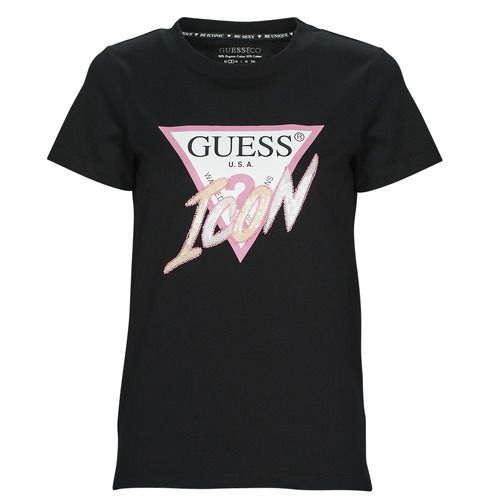 T-shirt Guess SS CN ICON TEE Nero per donna, maniche corte, stile casual e alla moda. Perfetta per ogni occasione, questa maglietta elegante è ideale per completare il tuo outfit. Disponibile nel classico colore nero, è un must-have nel guardaroba femminile. Acquista ora per un look trendy e sofisticato!