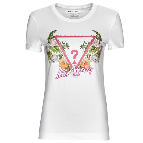T-shirt Guess SS CN TRIANGLE FLOWERS TEE Bianco per donna, maniche corte, con design floreale elegante. Scopri il comfort e lo stile di questa T-shirt perfetta per ogni occasione, ideale da abbinare a jeans o gonne per un look fresco e trendy. Acquista ora la tua T-shirt Guess!