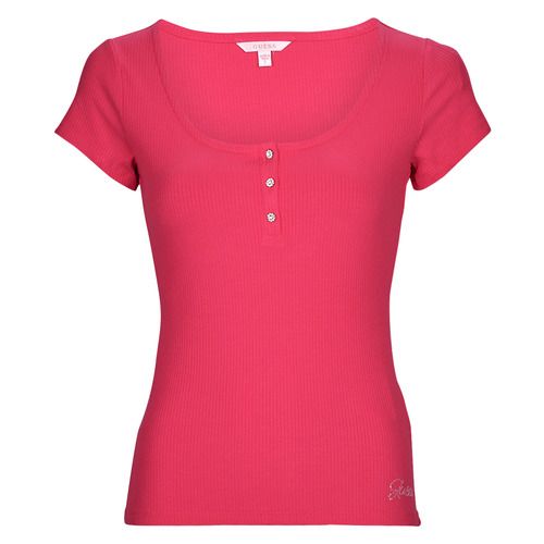 T-shirt maniche corte Donna Guess SS KARLEE JEWEL BTN HENLEY in rosa, caratterizzata da un design elegante con bottoni e dettagli luminosi, ideale per outfit casual e primaverili. Perfetta per aggiungere un tocco di stile e freschezza al tuo guardaroba. Scopri la moda Guess per un look chic e alla moda.