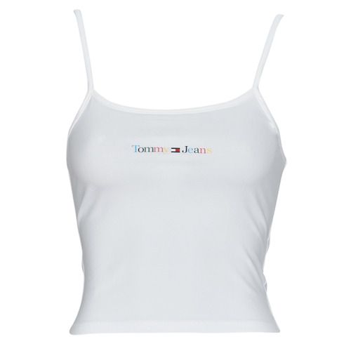 Top Tommy Jeans TJW BBY COLOR LINEAR STRAP TOP Bianco per donna, caratterizzato da un design elegante e moderno con spalline sottili. Realizzato in tessuto di alta qualità, è perfetto per abbinamenti casual e chic, ideale per la stagione estiva. Aggiungi un tocco di stile al tuo guardaroba con questo must-have. Acquista ora il top donna Tommy Jeans!
