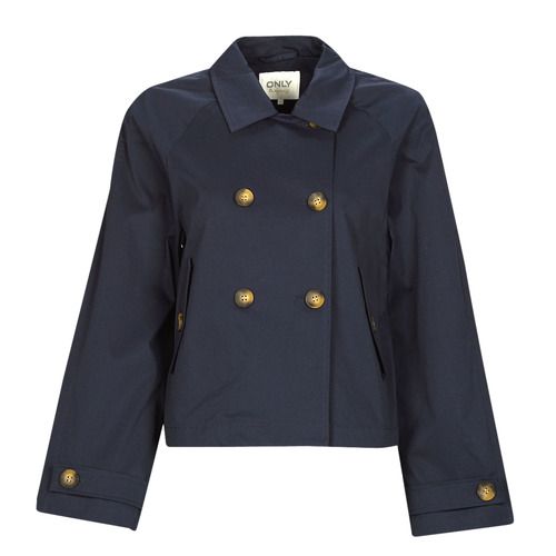 Trench Donna Only ONLAPRIL SHORT TRENCHCOAT CC Marine, elegante cappotto corto in tonalità blu, perfetto per la stagione primaverile. Design moderno e versatile, ideale per ogni occasione, da abbinare a look casual o più chic. Realizzato con materiali di alta qualità per comfort e stile. Acquista ora il trench che completerà il tuo guardaroba!