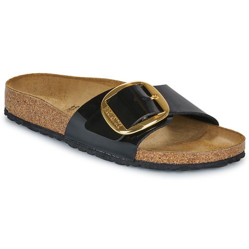 Ciabatta Donna Birkenstock Madrid Big Buckle BF Patent Black Gold in nero, caratterizzata da una grande fibbia elegante e un design moderno. Perfetta per il comfort quotidiano e lo stile, ideale per l'estate e ogni occasione casual. Scopri il perfetto equilibrio tra moda e praticità con queste ciabatte iconiche.