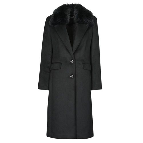 Mantella Guess NANCY FIT COAT FAUX FUR COLLAR in nero, cappotto donna elegante con colletto in pelliccia sintetica, ideale per outfit di moda autunnale e invernale. Stile sofisticato e comfort, perfetto per ogni occasione. Acquista ora per un look chic e trendy!