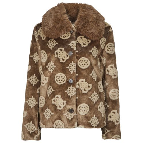 Mantella Guess KARINE FUR LOGO JKT marrone per donna, elegante cappotto in pelliccia sintetica con logo. Perfetto per l'autunno e l'inverno, offre comfort e stile. Ideale per outfit casual e chic. Acquista ora per un look alla moda e caldo!