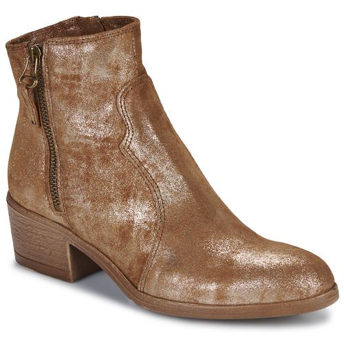Stivaletti Donna Mjus BADIA Oro, eleganti e trendy, in pelle luccicante con tacco medio e design raffinato. Ideali per ogni occasione, questi stivaletti aggiungono un tocco di stile a qualsiasi outfit. Perfetti per le fashioniste che cercano comfort e moda, disponibili in oro brillante per un look distintivo. Acquista ora per un tocco di classe al tuo guardaroba!