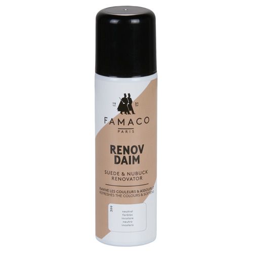 Aerosol "Rénovateur Daim" incolore 250 ml Bianco Famaco per la cura delle scarpe in camoscio, accessorio indispensabile per le scarpe da donna. Rinnova e protegge il tuo footwear, mantenendo la qualità e l'aspetto delle tue calzature nel tempo. Ottimo per la pulizia e la manutenzione del camoscio, garantisce risultati professionali e un finish impeccabile. Perfetto per chi desidera prendersi cura delle proprie scarpe con un prodotto di alta qualità.