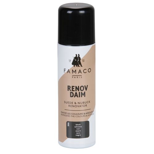 Aérosol "Rénovateur Daim" Famaco nero 250 ml per la cura delle scarpe, accessorio ideale per mantenere e ravvivare il colore del camoscio. Perfetto per scarpe da donna, offre una protezione duratura e un finish impeccabile. Acquista ora per un look sempre elegante e curato!