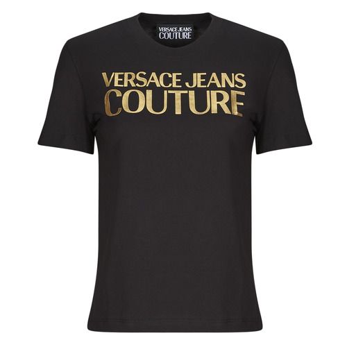 T-shirt nera maniche corte Versace Jeans Couture 78HAHT01 per donna, moda elegante e contemporanea, perfetta per outfit casual e trendy. Designer di alta qualità e comfort, ideale per ogni occasione.