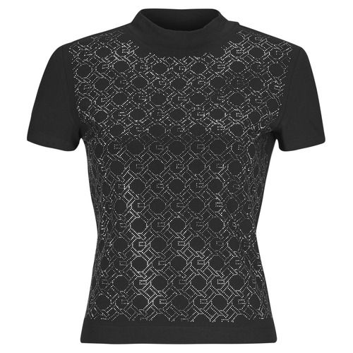 T-shirt Guess MOCK NECJK ALL OVER LOGO Nero, maniche corte per donna, caratterizzata da un design elegante con logo ripetuto su sfondo nero. Ideale per un look casual e trendy, perfetta per ogni occasione. Acquista ora la tua t-shirt Guess per un tocco di stile e comfort nel tuo guardaroba.