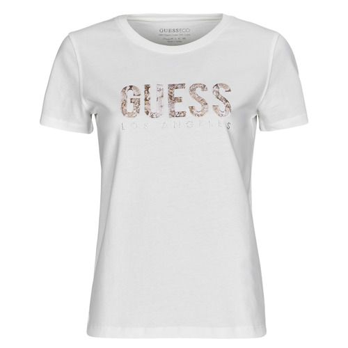 T-shirt bianca Guess PYTHON LOGO per donna, maniche corte, elegante e trendy, ideale per outfit casual e moda giovanile, con logo distintivo per uno stile unico e riconoscibile.