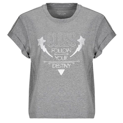 T-Shirt Guess SLEEVES STRASS Grigio per Donna, maniche corte con dettagli in strass, elegante e alla moda, ideale per outfit casual e di tendenza.