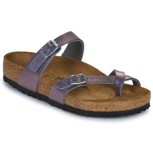 Ciabatta Donna BIRKENSTOCK Mayari BF Saffiano Iridescent Viola, elegante sandalo in materiale iridescente, comodo e trendy, ideale per l'estate. Perfetta per ogni occasione, dalla passeggiata al relax. Acquista ora per un tocco di stile unico!