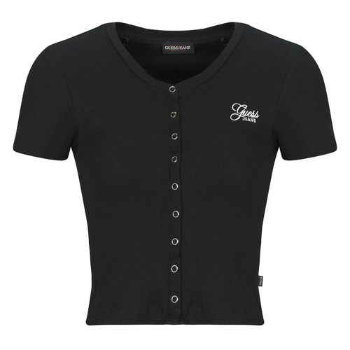 T-shirt Guess SL CN SNAP EMBRO SLIM TOP Nero per donna, maniche corte, con dettaglio ricamato. Elegante e versatile, ideale per look casual o chic. Disponibile in taglie varie per ogni occasione.