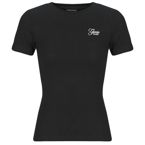 T-shirt Guess SS CN SNAP EMBRO SLIM TOP Nero per donna, maniche corte, con design elegante e ricamo distintivo, ideale per un look alla moda e versatile. Perfetta per ogni occasione, combina comfort e stile.
