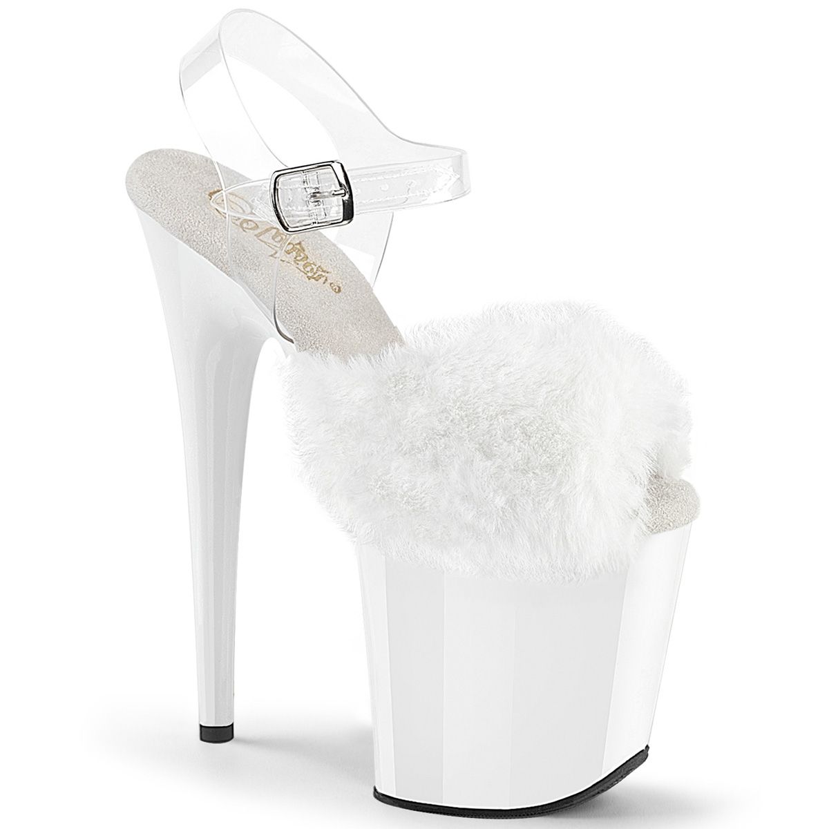 Pleaser FLAMINGO-808FUR FLAM808FUR/W/M Sandali con Cinturino  Tacco Altissimo 20 Plateau 10.0 Trasparente con Particolari Bianco FLAM808FUR/W/M