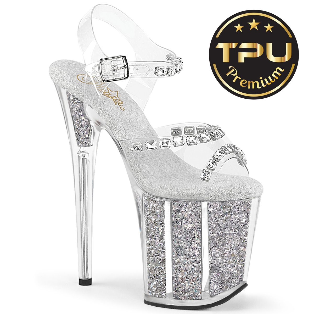 Pleaser FLAMINGO-808PREM-STN FLAM808PREM-STNG/C/S Sandali con Cinturino  Tacco Altissimo 20 Plateau 10.0 Argento FLAM808PREM-STNG/C/S