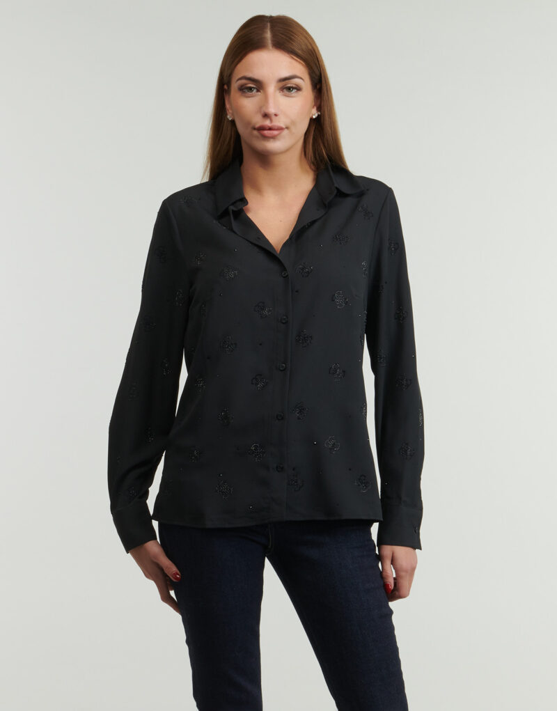 Chemise Guess T-shirts noirs pour femmes avec logo FLORE HOTFIX - 2