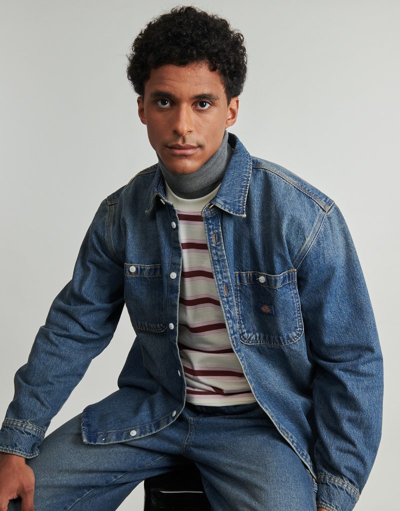 Camicia a maniche lunghe Dickies MECHANIC DENIM SHIRT LS KHAKI TINTED BLUE Blu Camicie a maniche lunghe Uomo - 5