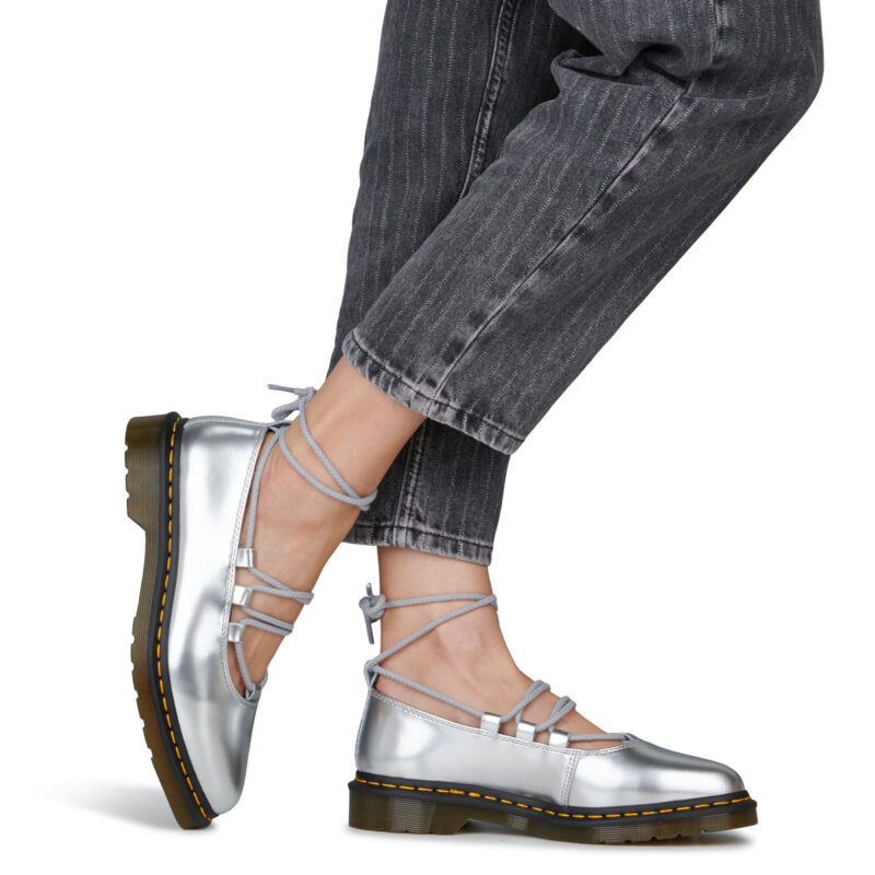 Dr. Martens Elphie II Lace Up Silver Metallic Patent Lamper Argento Ballerine Donna - 8