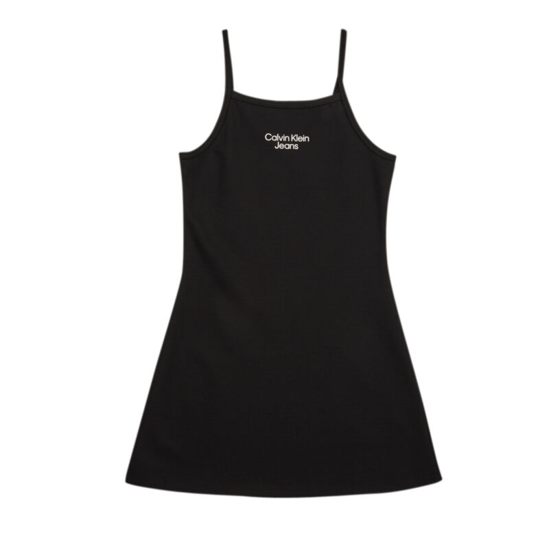 Kurzes M&auml;dchenkleid Calvin Klein Jeans STACK LOGO PUNTO STRAP Schwarzes kurzes Kleid f&uuml;r M&auml;dchen - 1
