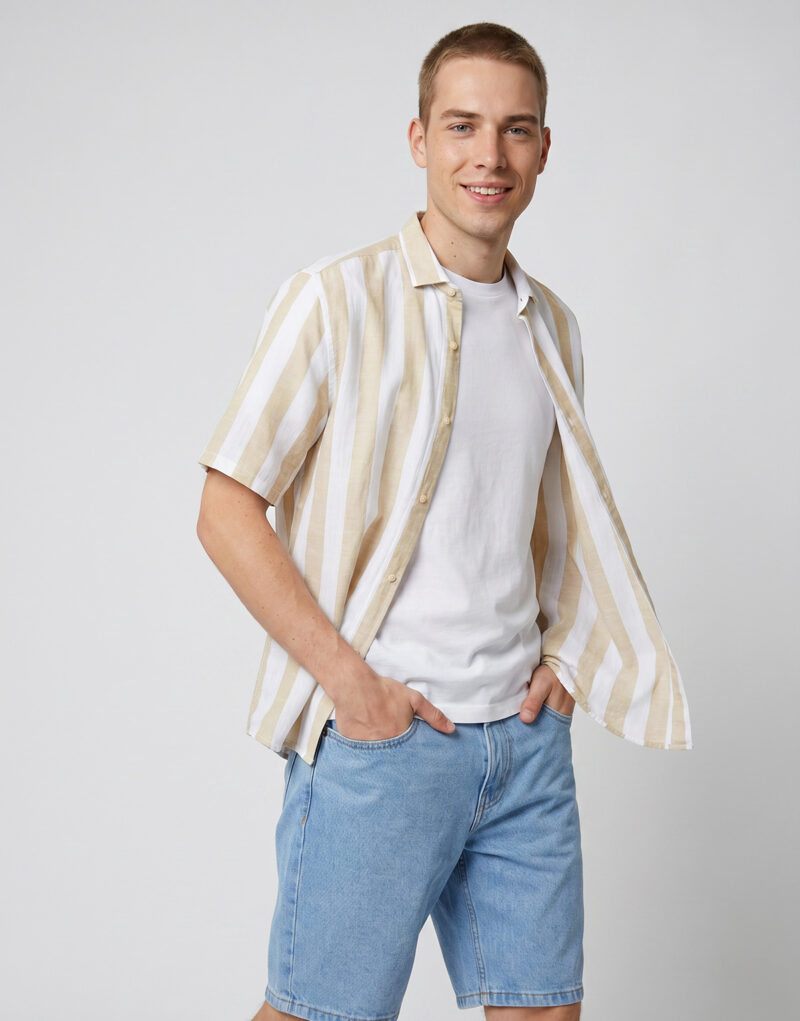 Kurzarmhemd Only & Sons ONSTES RLX CTN SLUB STRIPE Wei&szlig;es Herren-Kurzarmhemd - 3