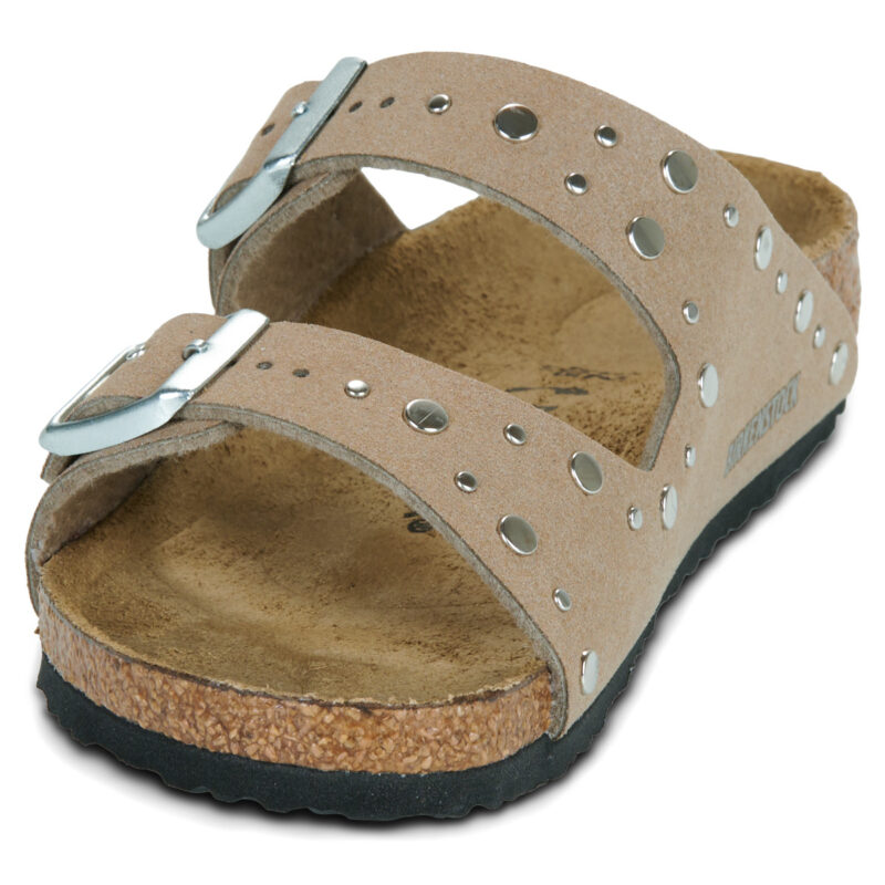 Chaussons fille BIRKENSTOCK Arizona &agrave; rivets pour enfants, synth&eacute;tiques, souples, gris, taupe et beige &eacute;troit - Pointure 3