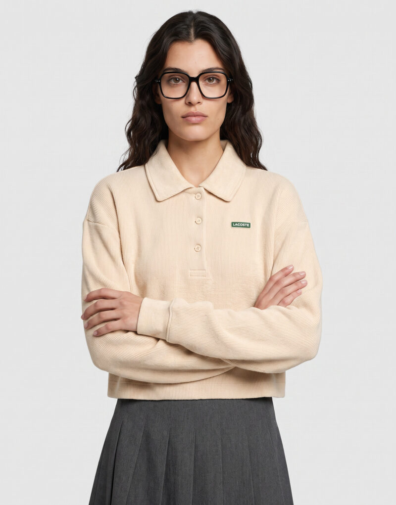 Lacoste Sweatshirt polo en interlock côtelé avec étiquette Beige Maglione Donna - 5